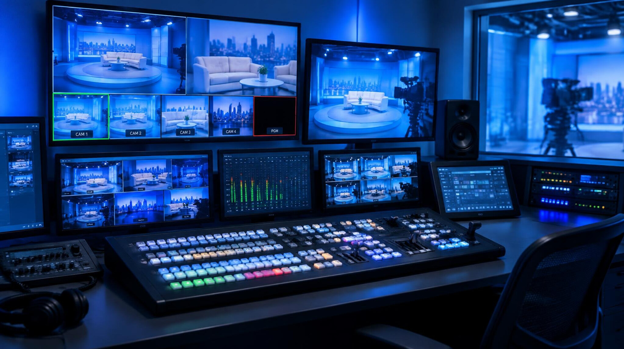 Television studio control room with mixing console and monitors