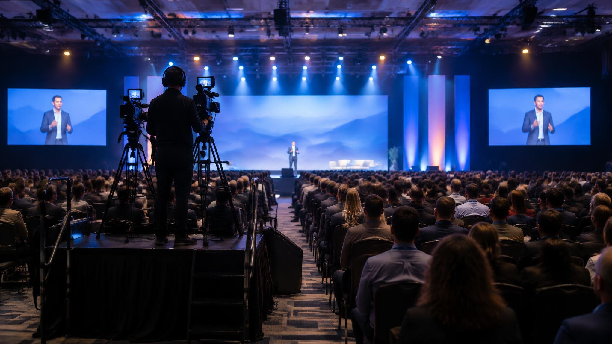 Live event stage with cameras and audience