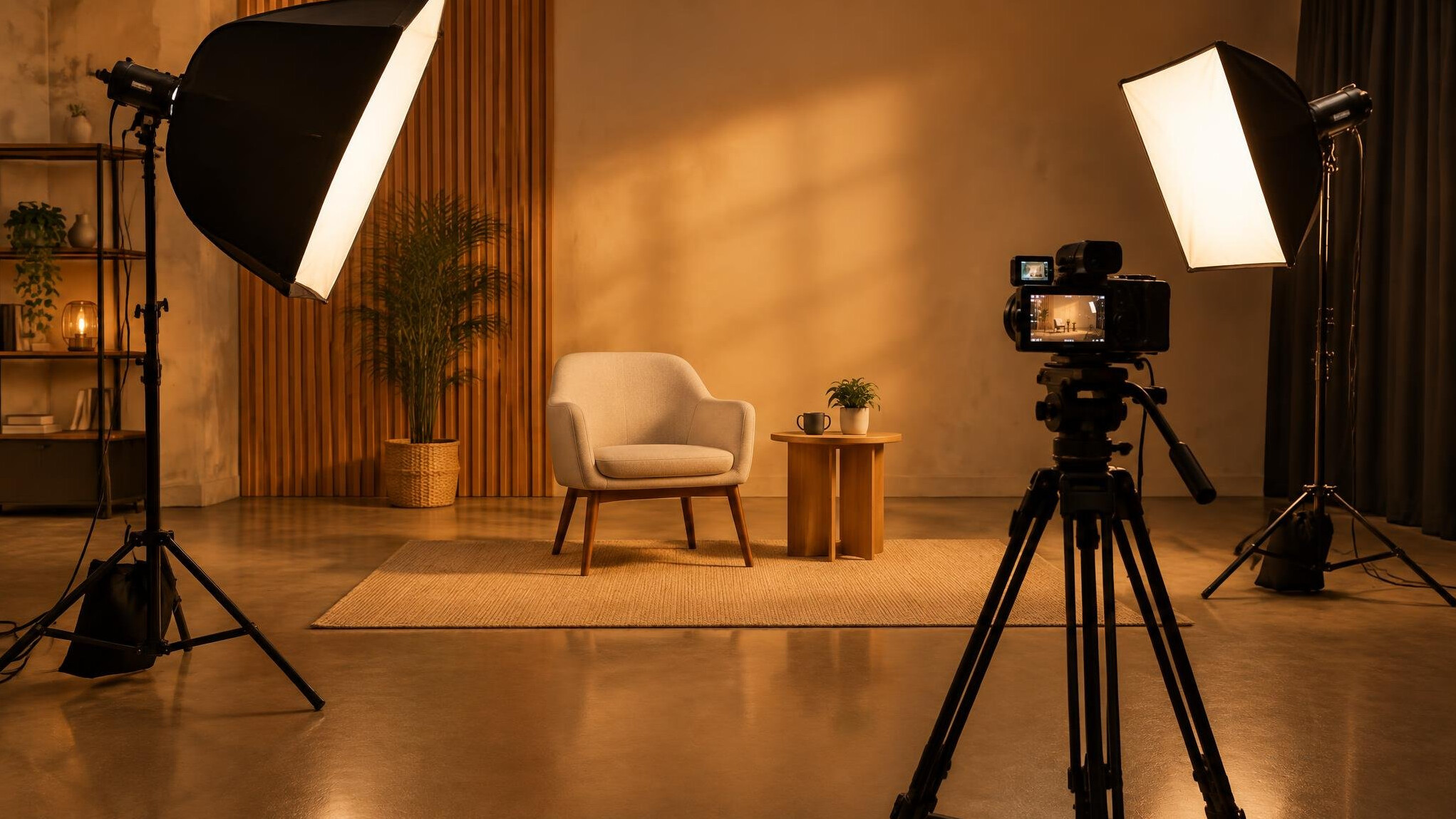 Film set with lighting equipment and camera on a stand