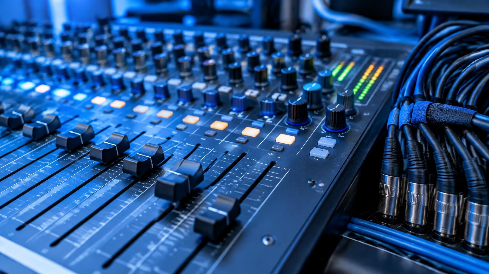 Audio mixing desk with sliders and cables