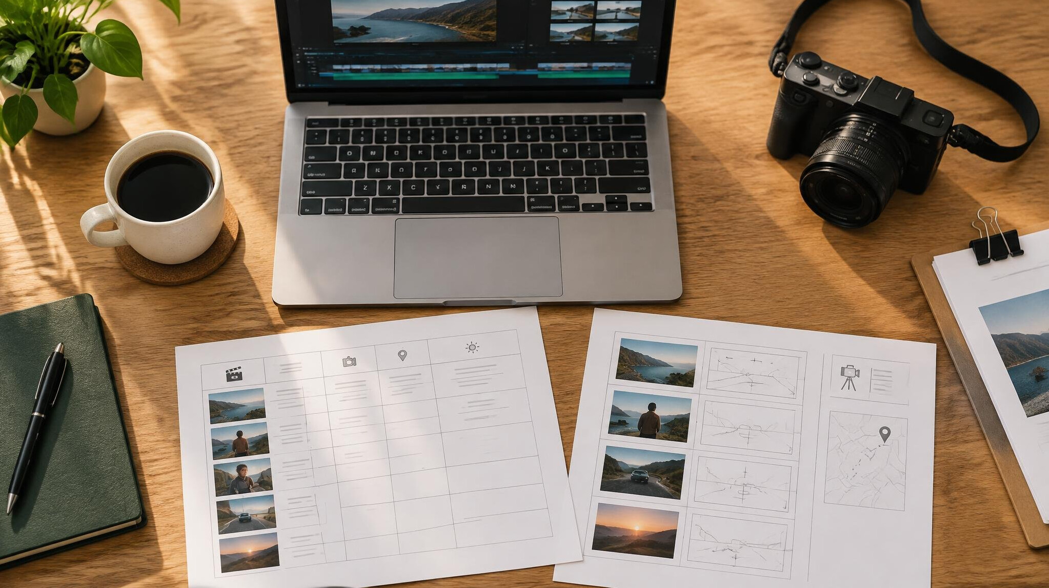 Top-down view of a production planning desk with laptop and notes
